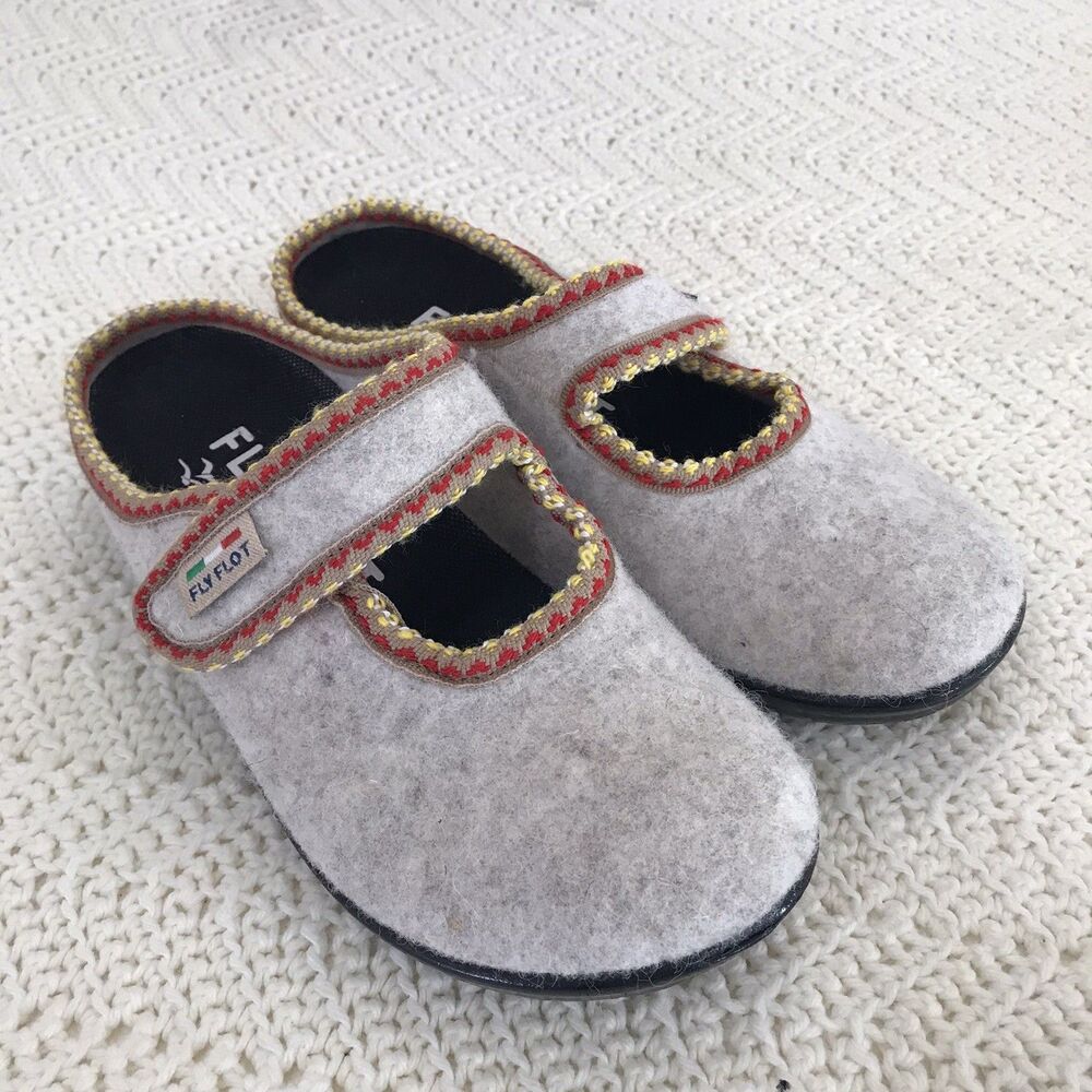 Fly Flot Swirl Clogs gray Wool Felt Embroidered Comfort Shoes Size 39 8 US